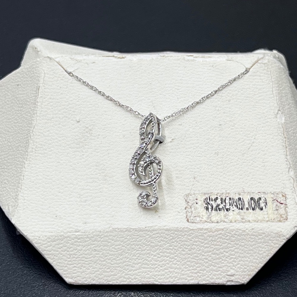 14K White Gold Natural Diamond Treble G-Clef Music Note Musical Pendant Necklace